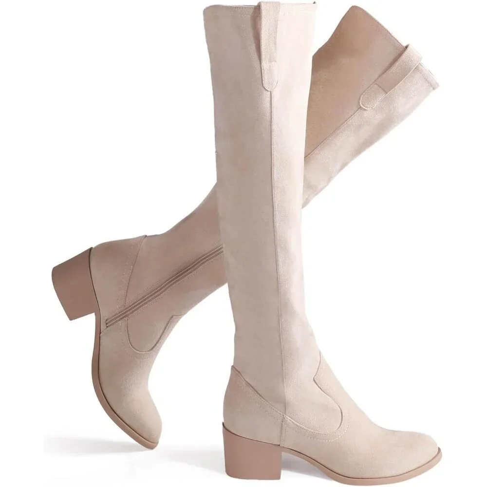 🆕Women's Beige Faux Suede Over The Knee Thigh High Chunky Heel Pointed Toe Boot